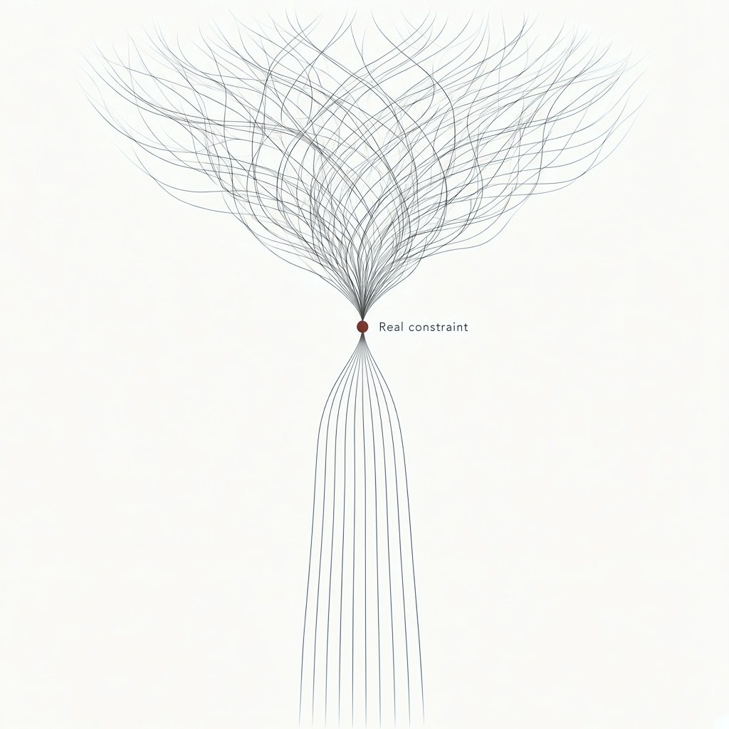 Many tangled threads converge on a single point labeled Real constraint, then continue as clean, parallel lines